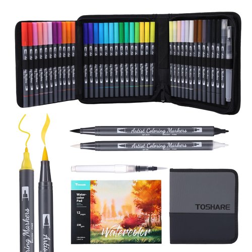 TOSHARE Watercolor Pens Set, 36-Color Dual Tip Paint Markers, Water-Based Coloring Markers with 1 Aquapen, 1 Colorless Blender, 1 Black Marker, and 12-Page Pad, Art Supplies for Artists and Beginners