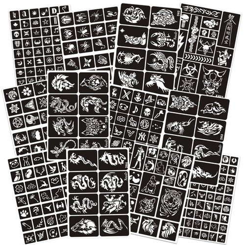 302pcs Temporary Tattoo Stencils, 12 Sheets Henna Tattoo Stencil Kit for Women Girls Kids and Boys Face Body Paint Reusable Glitter Tattoo Stencils Pack Party Favor Supplies