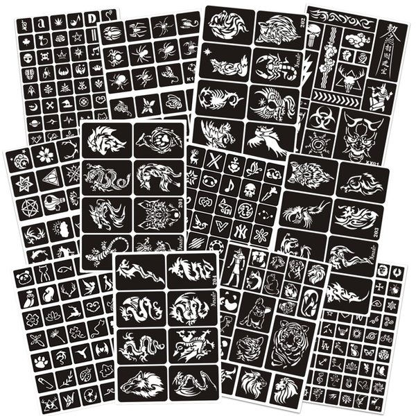 302pcs Temporary Tattoo Stencils, 12 Sheets Henna Tattoo Stencil Kit for Women Girls Kids and Boys Face Body Paint Reusable Glitter Tattoo Stencils Pack Party Favor Supplies