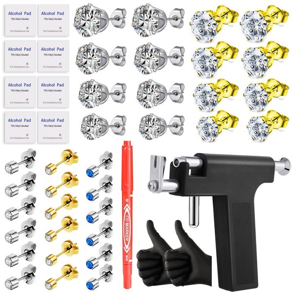Self Ear Piercing Gun Kit-Professional Salon and Home Use Peircings Gun Tools Kit With 17 Pairs of Diamond Stud Earrings Set For Ear Nose Lip Piercing