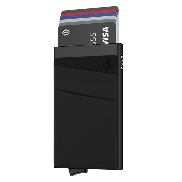 VULKIT Card Holder with Money Pocket Pop Up Wallet RFID Blocking Slim Metal Bank Card Case Holds 5 Cards and Notes(Black)
