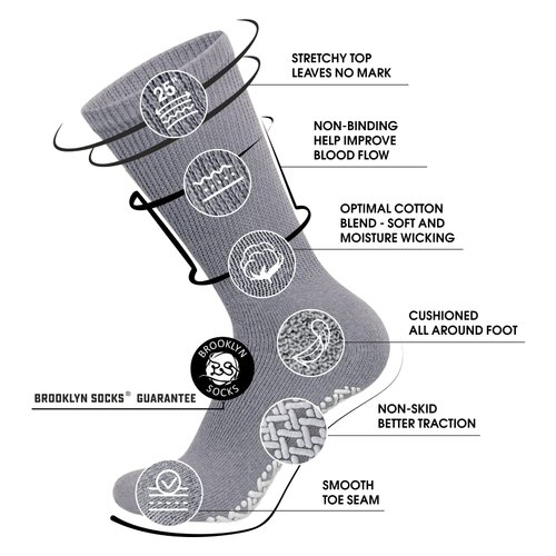 6 Pairs of Non-Skid Diabetic Crew Socks, Non Binding Top Therapeutic Cotton Gripper Socks (Grey, Size: 10-13)
