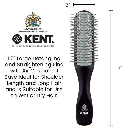 Kent KFM2 Black Half Round Narrow Detangling Hair Brush - 9 Row Ionic Anti Static Non Scratch Long Nylon Bristle Gel Styler Great for Daily Styling, Detangling and Smoothing Medium to Long Length Hair