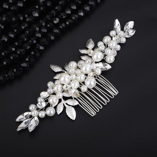 Teyglen Pearl Bride Wedding Hair Comb Silver Leaf Headpiece Bridal Crystal Rhinestone Hair Comb Hair Piece Elegant Hair Accessories for Women Bride Girls