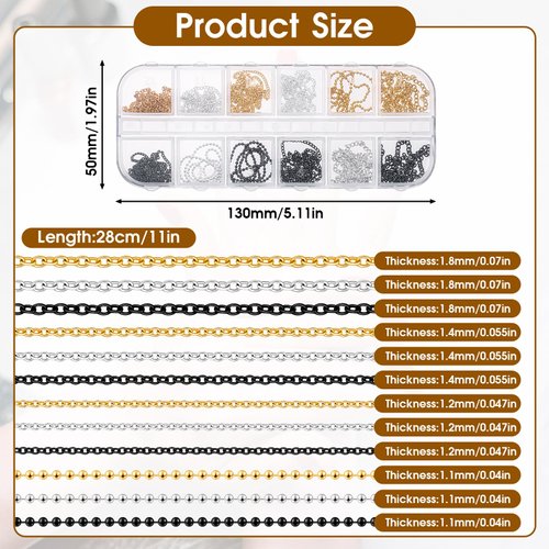 12 Strips Nail Chain Charms, Metal Nail Art Chains, 3D Gold Silver Dark Gray Nail Chains, Nail Jewelry Chains, Line Nail Charms, Nail Decorations with Box for Manicure Decoration DIY