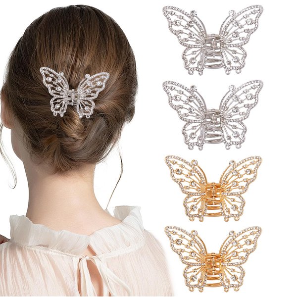 4PCS Vintage Butterfly Hair Clips for Hair, Metal Gold Rhinestone Butterfly Hair Clips, Mini Hair Clips Sparkly Diamond Claw Clips Alloy Fancy Thick Hair Barrette Clamp for Women Girls