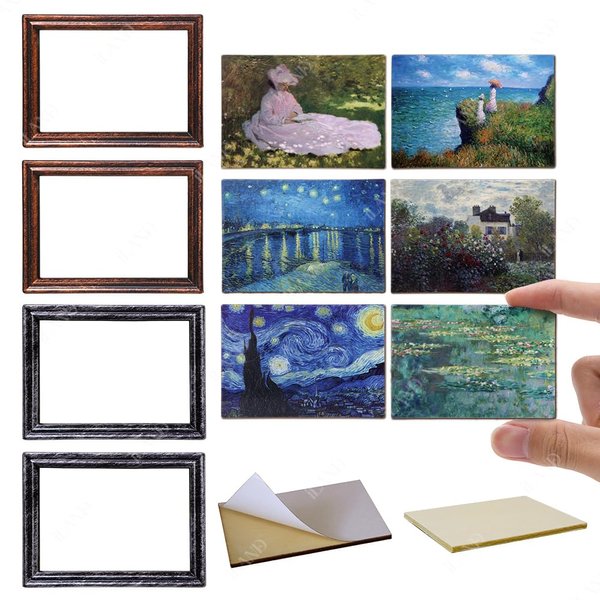 iland Miniature Dollhouse Accessories for Dollhouse Furniture on 1:12 Scale, Frames w/Printed Classic Impressionist Paintings Set (4 Frames & Impressionist Paintings)