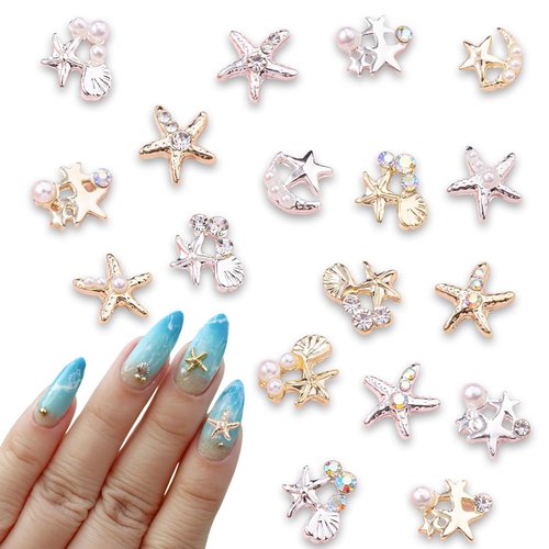 18Pcs Mixed Color 3D Starfish Nail Charms Alloy Summer Beach Nail Art Rhinestones Ocean Theme Shell Starfish Nail Studs Sea Series Star Nail Supplies Nail Accessories for Women DIY Manicure Decoration