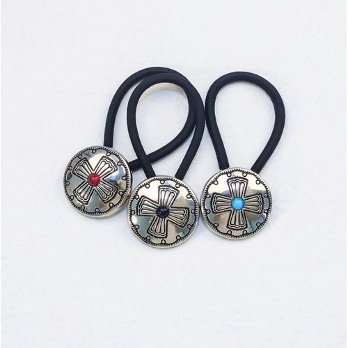 Concho Western Turquoise Squash Blossom Hairband and Tie Concho Metal Ponytail Holder Metal Hair Ties. (3 Pcs-Set) (typeB)