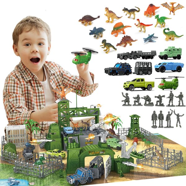 Frontoytall Military Base Toys Set Including Military Base, Military Vehicles, Military Airplane Toy Sets with Trucks, Helicopter, Play Mat with Army Men Action Figures and Accessories, Dinosaur Toys