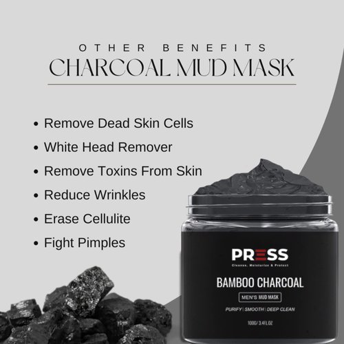 PRESS SKINCARE Bamboo Charcoal Face Mask| Mud Masks for Face | Face Masks Skincare for Men | Exfoliator, Pore Cleansing & Anti Aging Hydrating Face Masks Skin care |3.4 FL. OZ