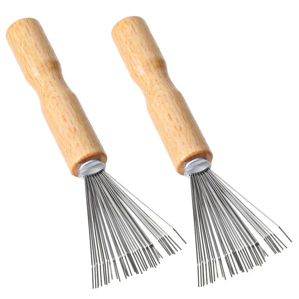 2 Pieces Hairbrush Cleaner Tool Portable Comb Cleaning Tool with Metal Wire Rake and Wooden Handle, Mini Hair Dirt Remover Brushes for Home and Salon Use (Grooved Handle)