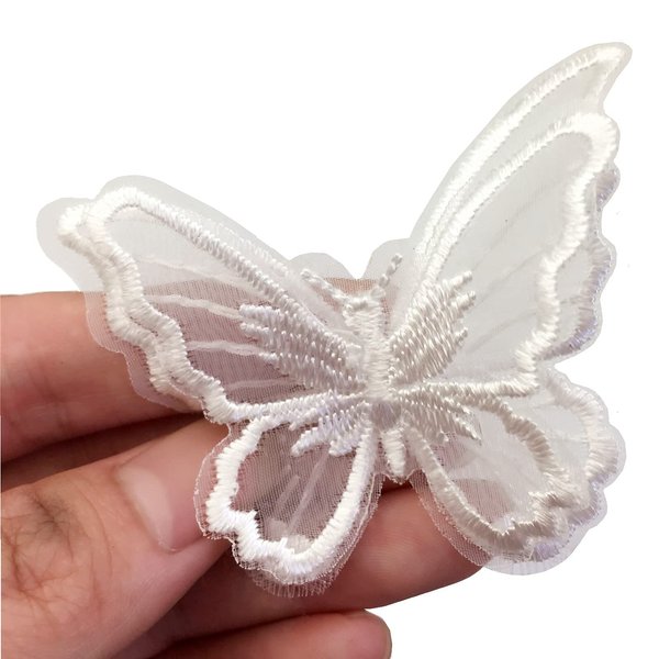 FQTANJU 15pcs Butterfly Lace Trim, Double Layers Organza Butterfly Decor Applique Patches Embroidery Sewing Lace Fabric for DIY Craft Costume Headpieces Garters Wedding Decoration (White)