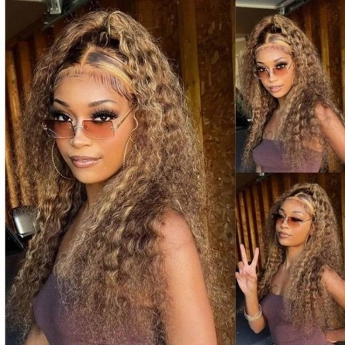 VIVIBABI 18Inch Ombre Highlight Lace Front Human Hair Wigs Brazilian Water Wave 13x4 Lace Front Curly Human Hair Wig Pre Plucked with Baby Hair Curly wig for Women 150% Density 4/27 Honey Blonde Color