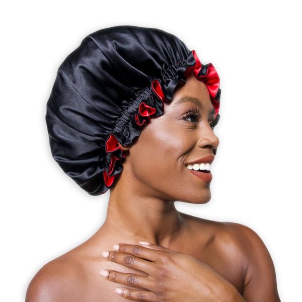 NOCHKA 100% Mulberry Silk Bonnet for Women Hair Care, Double Layered, Silk Hair Wrap for Sleeping with Elastic Stay On (1Pc, Black & Red)