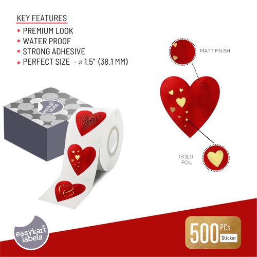 easykart labels 500 Red Heart Shape Valentine's Day Stickers with Gold Foiling, 1.5" Size, 3 Different Designs in one roll | Suitable for Love Theme Party Decorations, Valentine's Day Gifting…