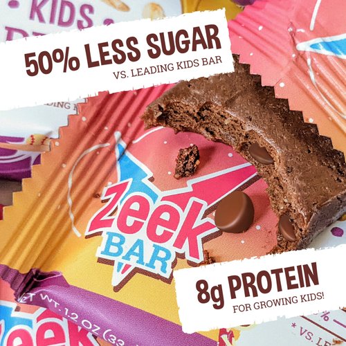 ZEEK BAR - Kids Protein Bars - 50% Less Sugar, 8g Protein - All Natural, Non-GMO, Gluten Free - Brownie Blast Off, 12 Count