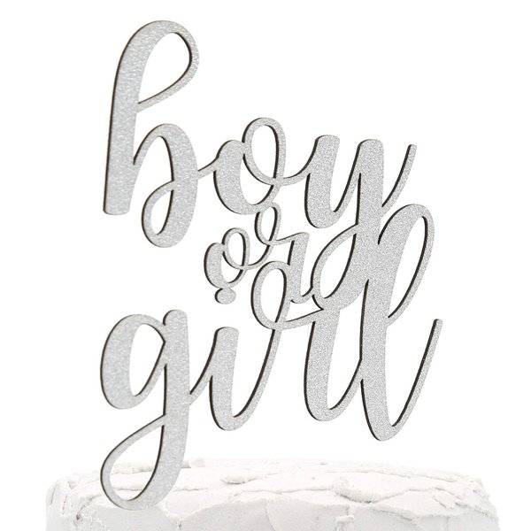 NANASUKO Gender Reveal Cake Topper - boy or girl - Double Sided Silver Glitter - Premium Quality Made in USA