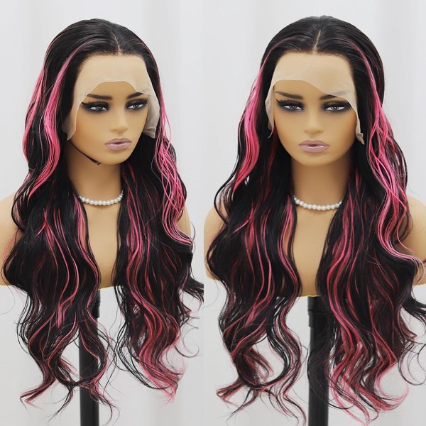 SISIFIRE Pink Highlight Lace Front Wigs for Women Pre-plucked Hairline Glueless 13X4 Inch Synthetic Lace Front Wig with Baby Hair Long Loose Body Wave Wigs