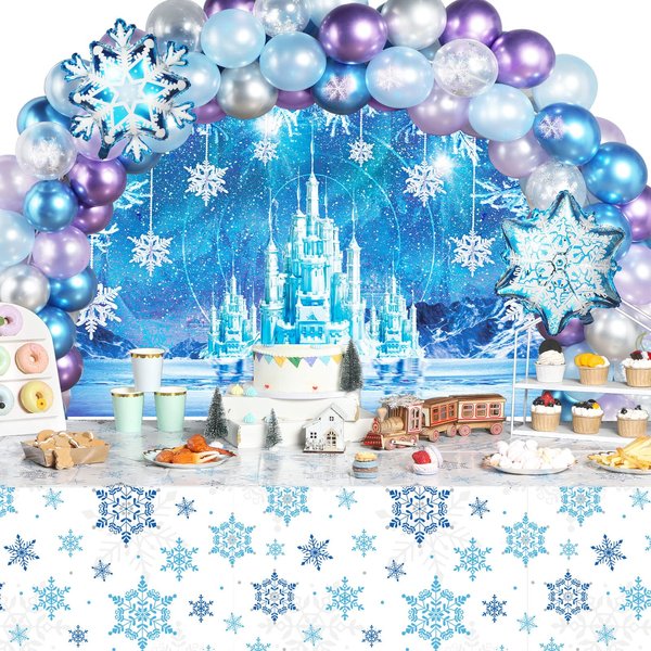 84 Pieces Winter Princess Party Decoration Set Snowflakes Birthday Decorations Include Ice Castle Backdrop Snowflakes Tablecloth Winter Snowflakes Balloon Kit for Kid Girls Wonderland Party Supplies