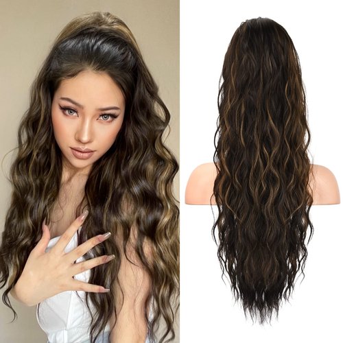 SEIKEA 26" Highlight Ponytail Extension，PT003 Eva Long Drawstring Ponytail Wavy Clip in Hair Extensions Ponytail Natural Soft Synthetic Hairpiece for Women Deep Brown with Auburn Highlights