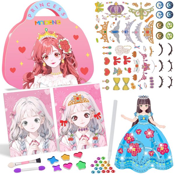 FUGLAD 3 in 1 Paper Craft Kits for Girls - Art Craft Activity Sticker Book Toys with Diamond Painting & Princess Dress Up, Birthday Game Makeup Sets for Kids 4 5 6 7 8 9+ Year Old