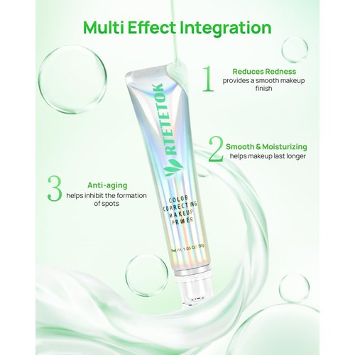 RTETETOK Green Primer Color Correcting for Face Before Makeup, Smoothing Primer Color Corrector for Redness, Brightening Base Makeup for Combination Skin