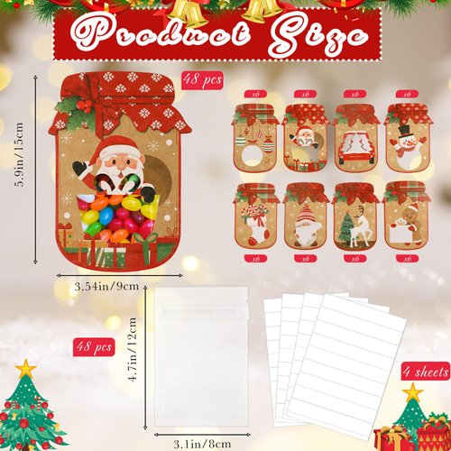 Pajean 48 Sets Christmas Party Favors Mason Jar Paper Card Craft Bulk with 48 Treat Bags for DIY Xmas Mason Jar Party Favors Holiday Candy Bags for Christmas Holiday Party Favors Supplies