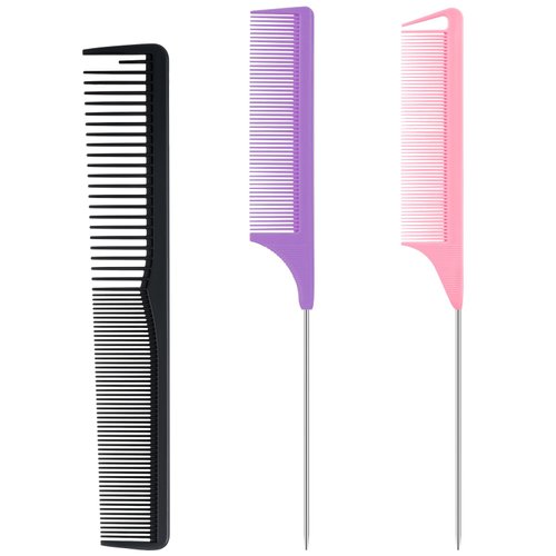 Trati 3Packs Rat Tail Combs for Women Hair Parting Tool Fine Tooth Comb Carbon Fiber Heat Resistant Teasing Combs Barber Hair Styling Tools(Black|Purple|Pink)