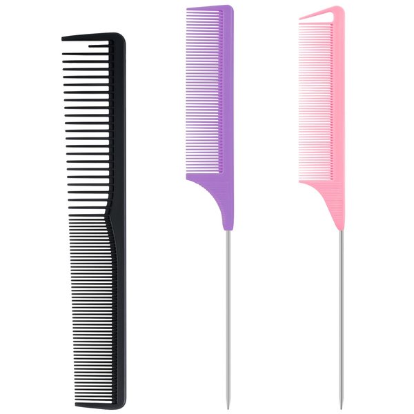 Trati 3Packs Rat Tail Combs for Women Hair Parting Tool Fine Tooth Comb Carbon Fiber Heat Resistant Teasing Combs Barber Hair Styling Tools(Black|Purple|Pink)