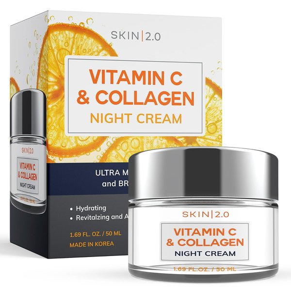 Skin 2.0 Vitamin C and Collagen Face Moisturizer - Anti-Aging, Skin Tightening, Brightening Night Cream - Cruelty Free Korean Skin Care For All Skin Types - 1.69 Fl. oz