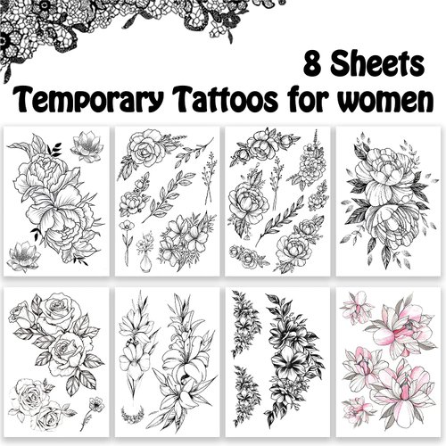 Cerlaza Temporary Tattoos for Women Adults, Flower Fake Semi Permanent Long Lasting Tattoo Stickers, Henna Body Leg Makeup Waterproof Realistic Tattoos Kit-32 Styles on 8 Sheets