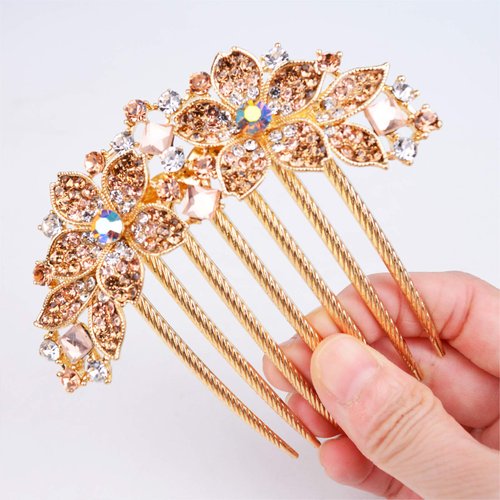 Sankuwen Women Rhinestone Inlaid Flower Hair Comb Hairpin Barrette Accessory,Also Perfect Mother's Day Gifts for Mom (Champagne)