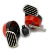 RED Black Twin TRUMPET SNAIL High/Low Tone 12v Volt Electromagnetic Loud Dual Replacement HORNS (Quantity 2) Compact Complete Universal Kit with Brackets Relay Hardware for Car Bike Motorcycle Truck for Mini Cooper Morgan Roadster Alfa Romeo Spider Renaul