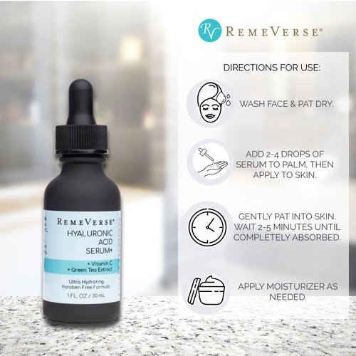 RemeVerse Hyaluronic Acid+ Serum 1 oz, 100% Pure Medical Grade Clinical Strength Hyaluronic Acid with Vitamin C and Green Tea Extract Anti-Aging Serum for Your Face, Lips and Décolleté.