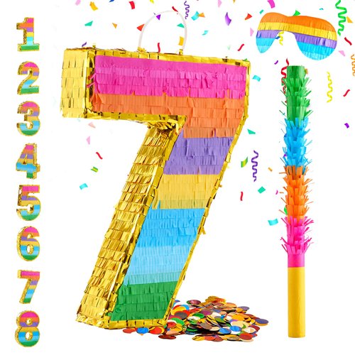 MUWOOB Rainbow Number 7 Pinata for 7th Birthday Party Decorations, Fiesta, Kids Anniversary Celebration, Birthday Pinata with Stick, Blindfold and Confetti (Small, 16.5 x 11.5 x 3 In)