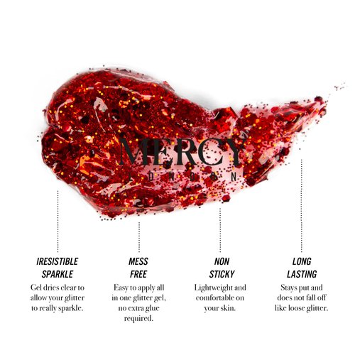 MERCY LONDON Dazzle Drip Red Glitter Gel. Chunky Glitter Gel for Hair, Eye and Body. Cosmetic Grade Glitter in Pouch