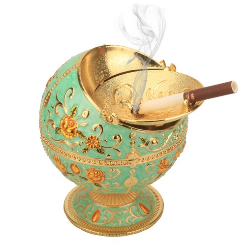 K COOL Pterosaur Windproof Ashtray with Flip Lid for Cigarette Metal Portable Smoking Tobacco Ashtray Indoor Outdoor, Handicrafts Rose Pattern Classy Gift for Women Men (Jade Green- Golden)