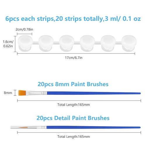 20 Strips 120 Pots Empty Paint Pots Strips With Lid Mini Clear Storage Containers and 40 Pieces Paint Brushes Painting Arts Crafts Supplies for Classrooms Schools Paintings Art Festivals(3 ml/ 0.1 oz)