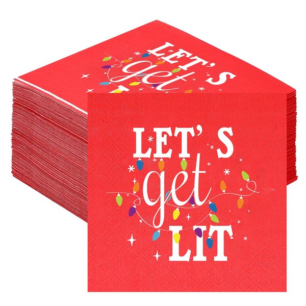 Geyoga 100 Pcs Christmas Cocktail Napkins Lets Get Lit Beverage Napkins Funny Holiday Napkins for Dinner Christmas Party, 2 Ply, 5 x 5 Inch