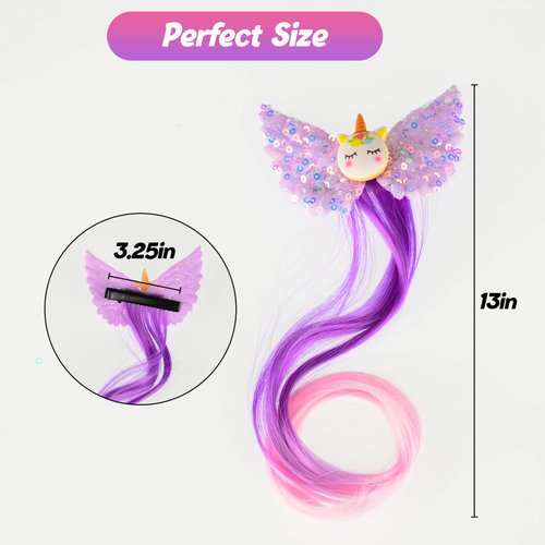 6 Set Unicorn Hair Extensions Clip - Colored Curly Hair Extensions Clips, Cute Unicorn Accessories Hair Extensions for Kids Ponytails Girls, Rainbow Thick Wig Clip in Fake Bangs (Curly Hair)