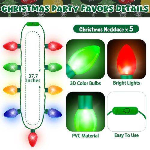Blowata 10PCS Christmas Light up Headbands LED Xmas Bulb Necklaces Set, 5 Cute Cartoon Design Headbands and New Year Eve Xmas Necklace for Christmas Holiday Party Favors Accessories, Christmas Gifts