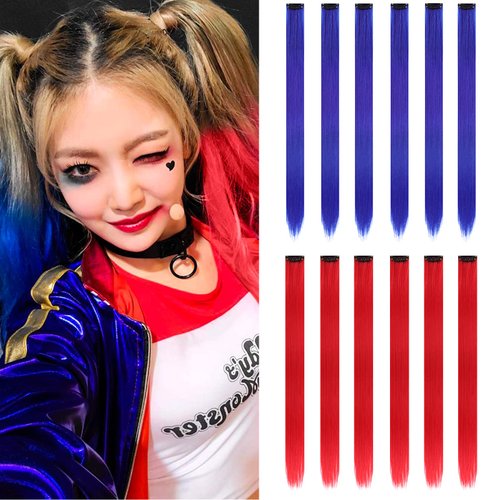 12PCS Colored Red and Blue Hair Extensions 22 Inch Colorful Clip in Hair Extensions Straight Synthetic Hairpiece for Women Kids Girls Halloween Christmas Cosplay, (Red+Blue)