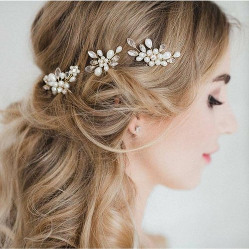 Easedaily Pearl Bride Wedding Hair Pins Silver Crystal Bridal Hair Piece Hair Accessories for Women and Girls (3 pieces)