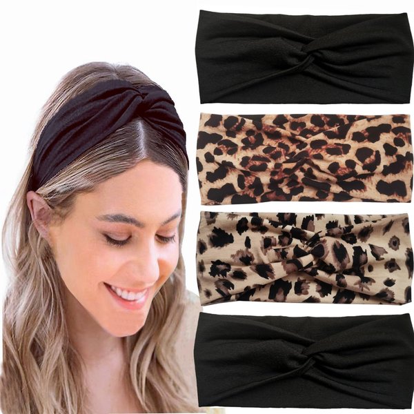 Hjiaruiky 4Pcs Turban Headbands for Women Boho Stretchy Fashion Headbands Fabric Twist Knotted Cloth Cute Thick Headband Head Wraps for Womens Girls Yoga Black Leopard