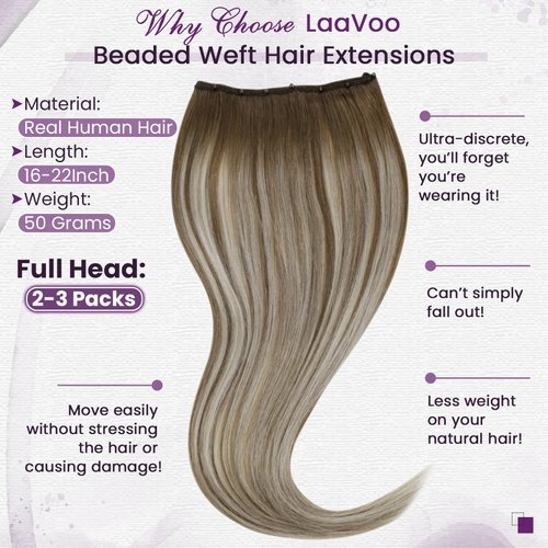 LaaVoo Beaded Weft Hair Extensions Human Hair Balayage Microbead Hair Extensions Ash Brown Ombre Platinum Blonde 18inch Micro Bead Weft Hair Extensions Silky Straight 50g