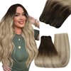 YoungSee Sew in Hair Extensions Real Human Hair Straight Weft Extensions Human Hair Dark Brown Base with Medium Ash Blonde and Light Blonde Highlights Human Hair Weft Extensions 18Inch 100G