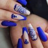 Rilafuvu Medium Press on Nails French Tip Fake Nails with Flower Designs Acrylic Nails Coffin Blue Glue on Nails Rhinestones Stick on Nails Glitter Press on Nail for Women and Girls 24Pcs