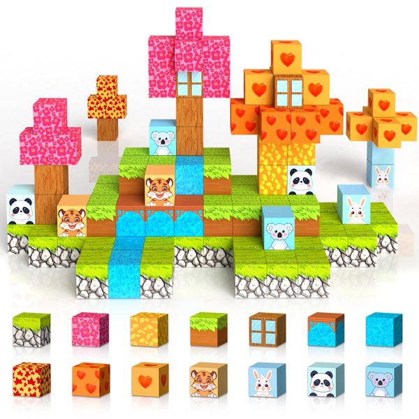 134PCS Magnetic Blocks, Magnet Building Blocks Toys for Toddlers Kids Ages 3-5 5-7 8-12, STEM Sensory Stacking Toys,1'' Magnet Building Blocks Set Gifts for 3+ Year Old Boys & Girls