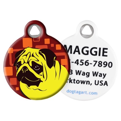 Dog Tag Art Mellow Yellow Pug Personalized Pet ID Tag for Dogs, Silent Polymer Coated Stainless Steel Nametag - Small .875" Diameter